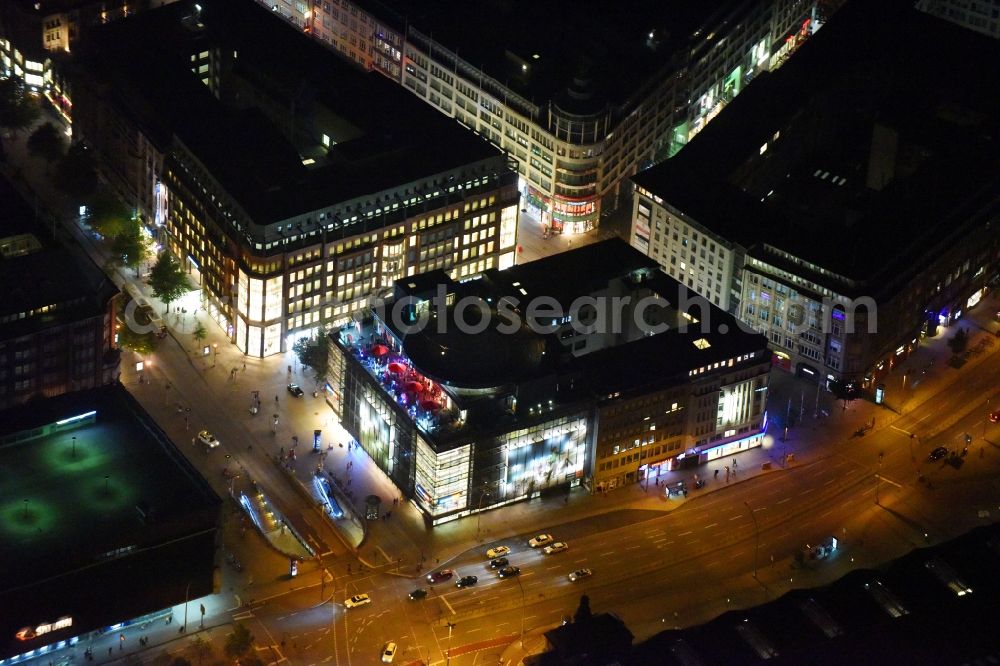 Hamburg at night from above - Building of the shopping center in der Moenckebergstrasse and the corner Steintorwall in Hamburg