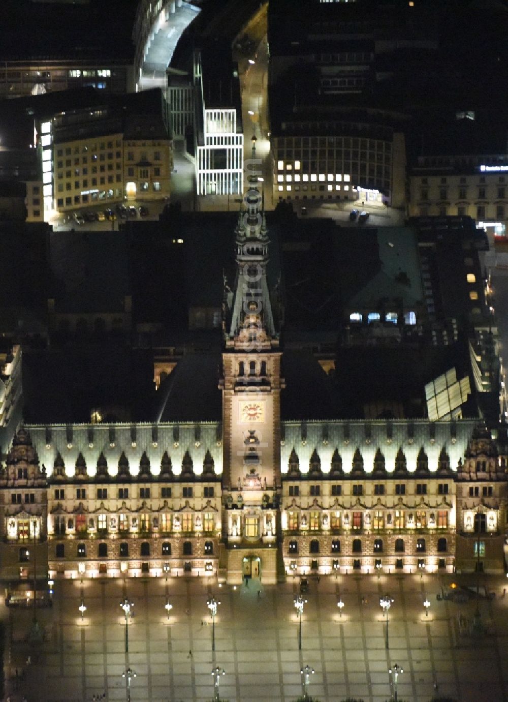 Hamburg at night from above - Night view of Town Hall building of the City Council at the market downtown in Hamburg