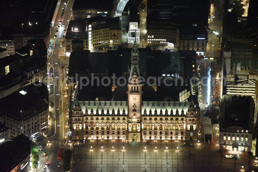 Hamburg at night from the bird perspective: Night view of Town Hall building of the City Council at the market downtown in Hamburg