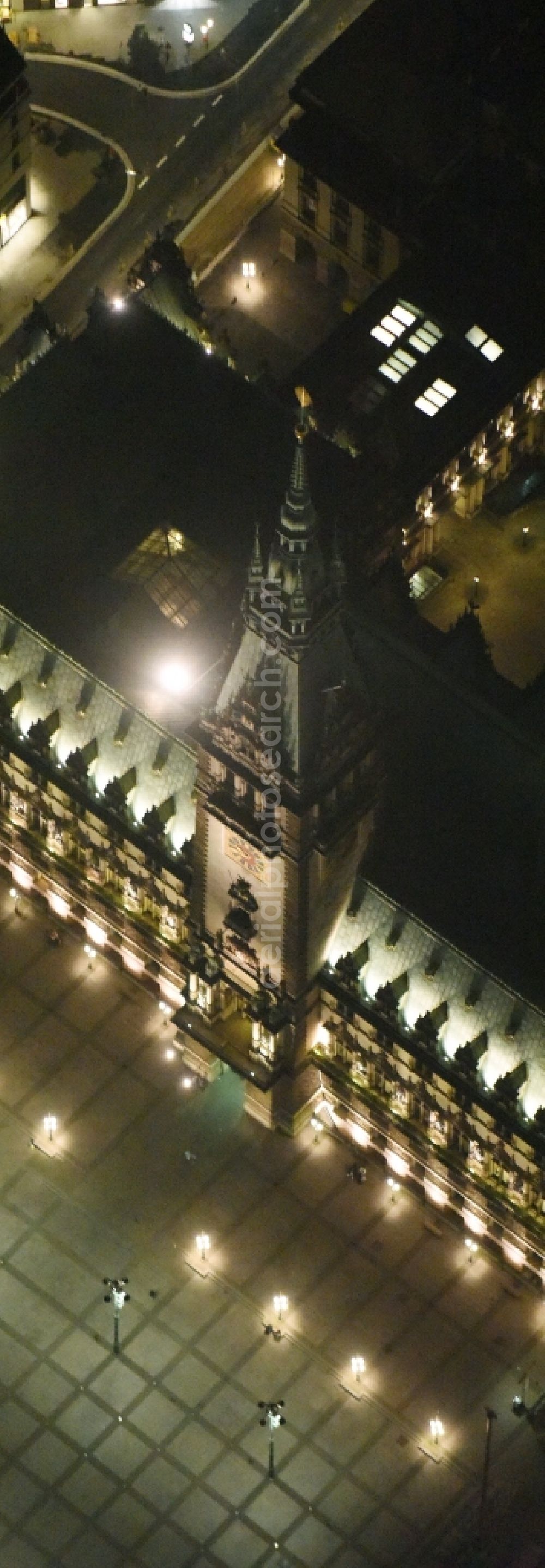 Aerial photograph at night Hamburg - Night view of Town Hall building of the City Council at the market downtown in Hamburg