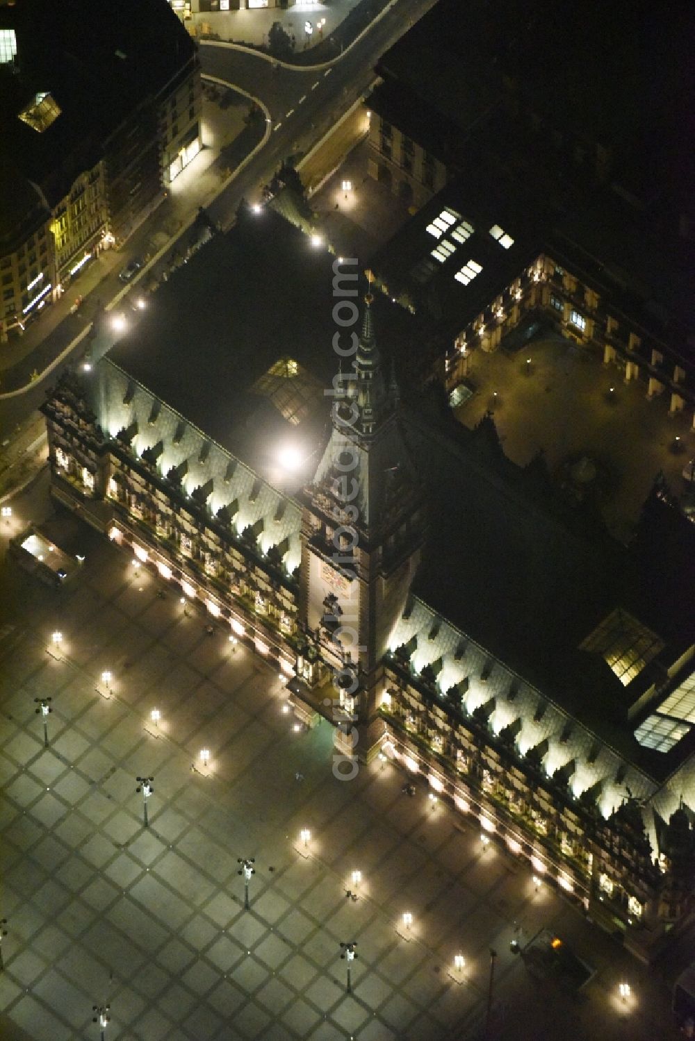 Aerial image at night Hamburg - Night view of Town Hall building of the City Council at the market downtown in Hamburg