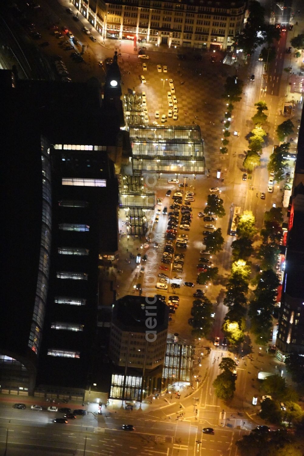 Aerial image at night Hamburg - Night lighting at Hachmannplatz front of the station of the Deutsche Bahn in Hamburg