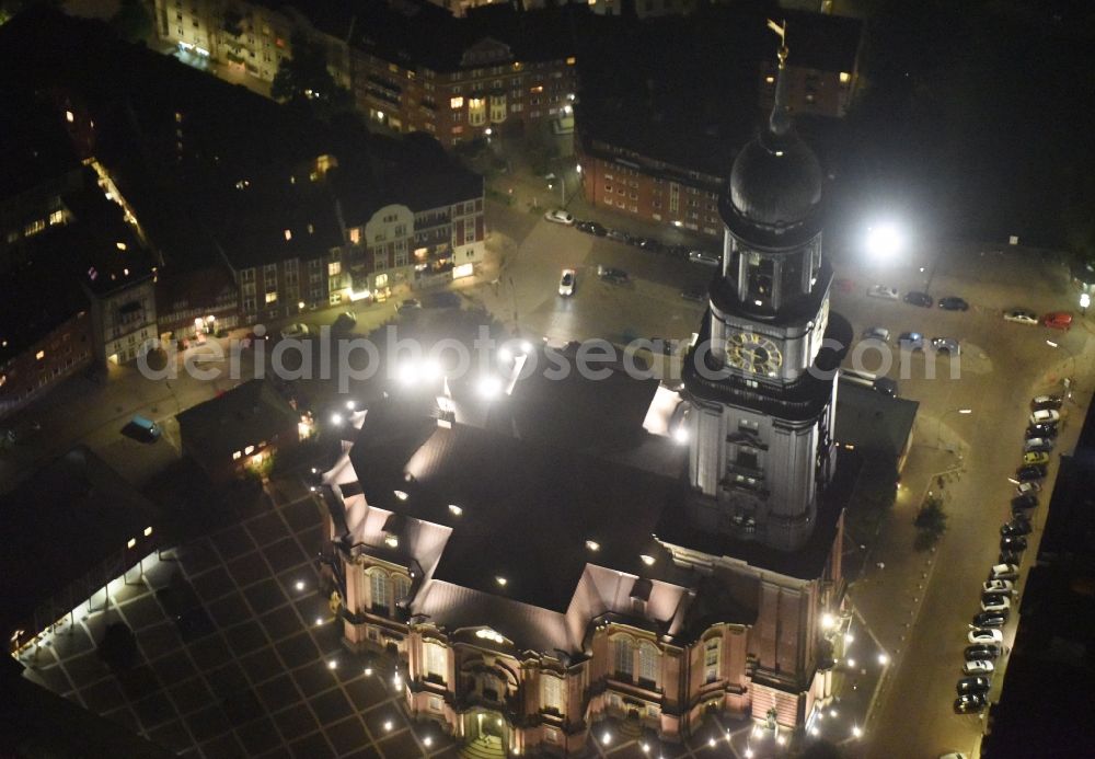 Hamburg at night from above - Night view Church building Hauptkirche St. Michaelis on street Englische Planke in Hamburg