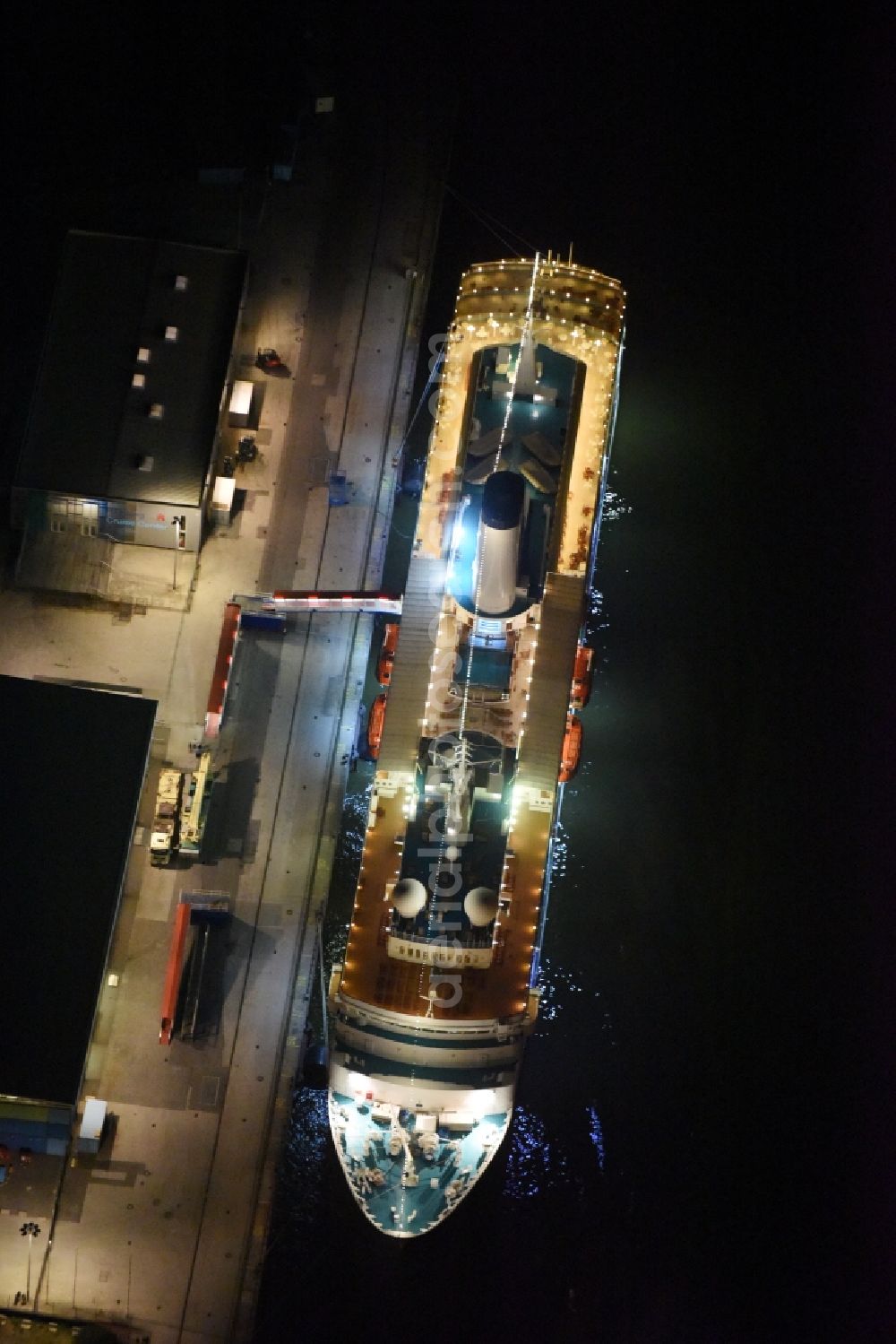 Hamburg at night from above - Night view Passenger ship MS World Odyssey - formerly MS Deutschland on Hamburg Cruise Center in Hamburg