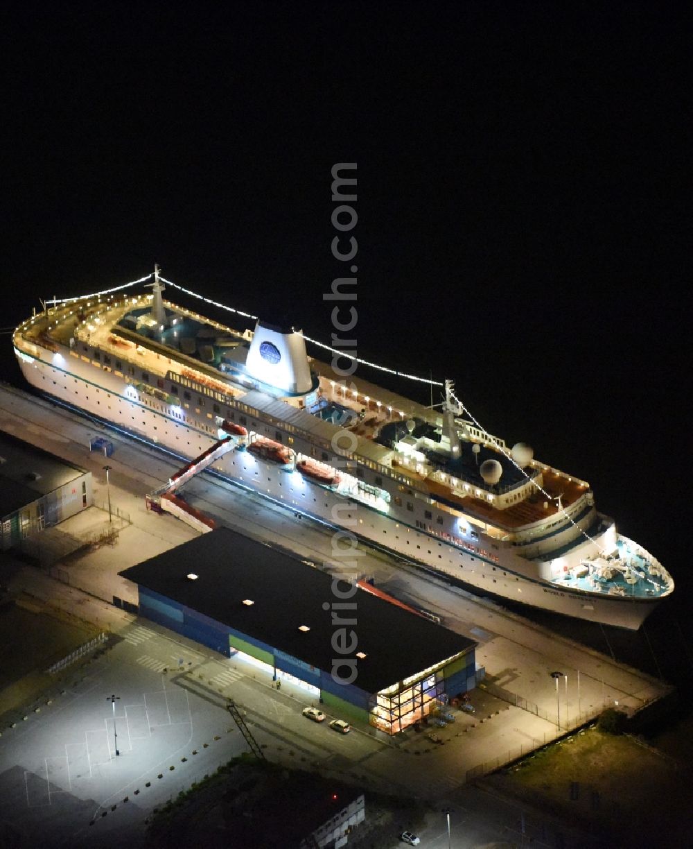 Hamburg at night from above - Night view Passenger ship MS World Odyssey - formerly MS Deutschland on Hamburg Cruise Center in Hamburg