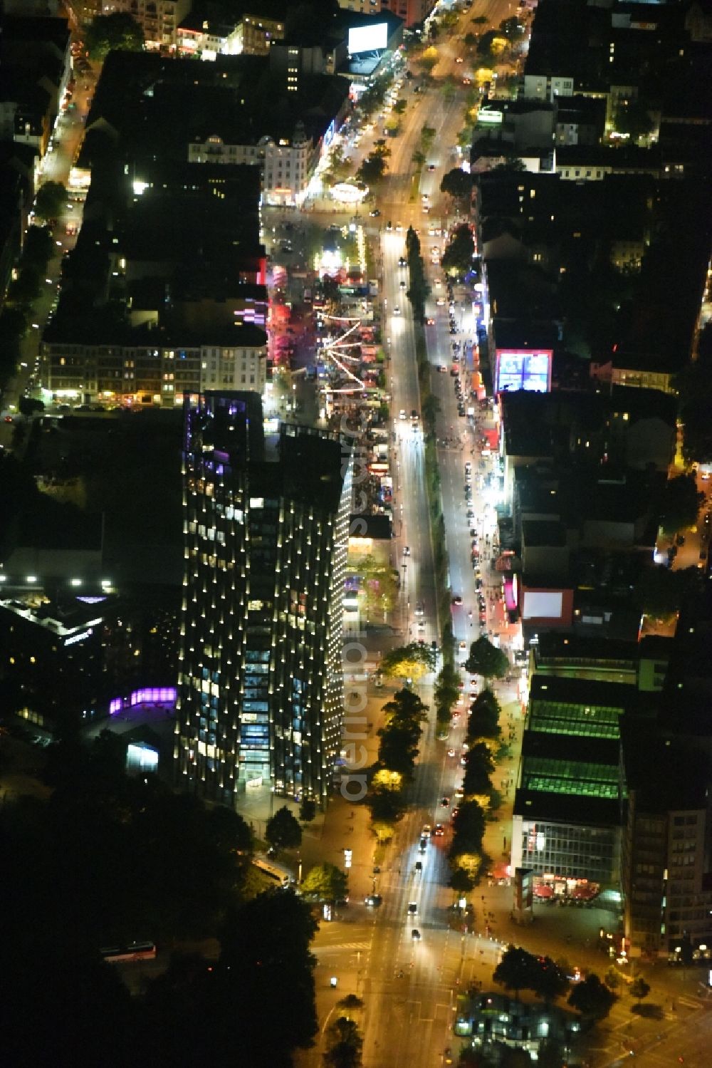 Aerial photograph at night Hamburg - Night view street guide of famous promenade and shopping street Reeperbahn in Hamburg