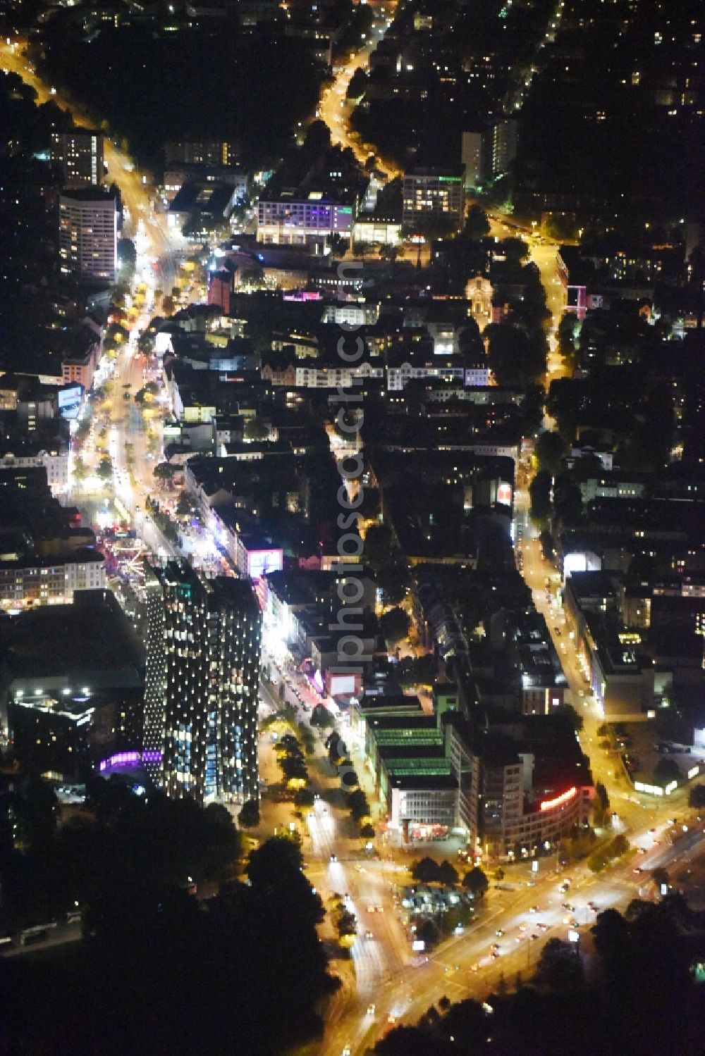 Aerial photograph at night Hamburg - Night view street guide of famous promenade and shopping street Reeperbahn in Hamburg