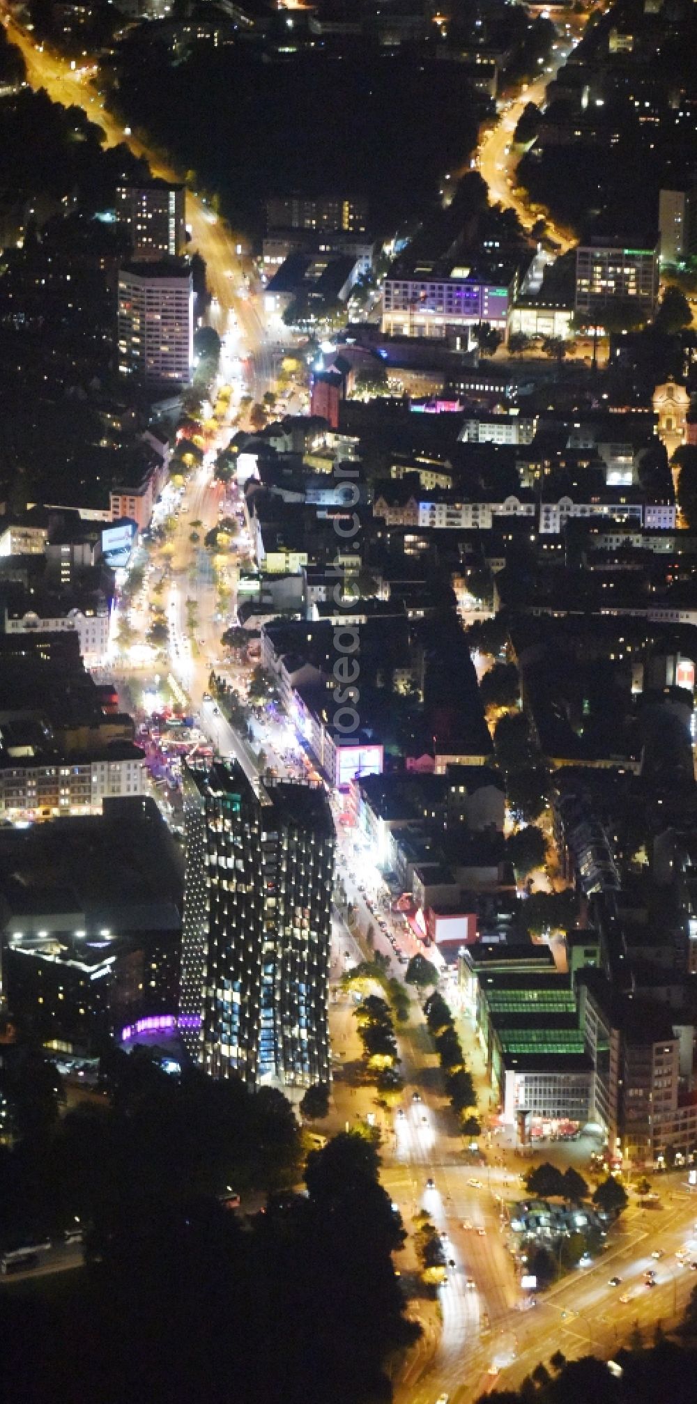 Aerial image at night Hamburg - Night view street guide of famous promenade and shopping street Reeperbahn in Hamburg