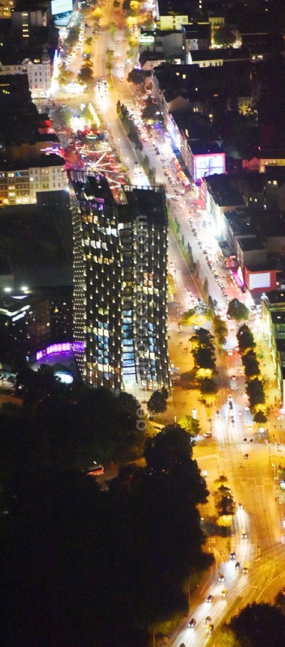 Hamburg at night from above - Night view street guide of famous promenade and shopping street Reeperbahn in Hamburg