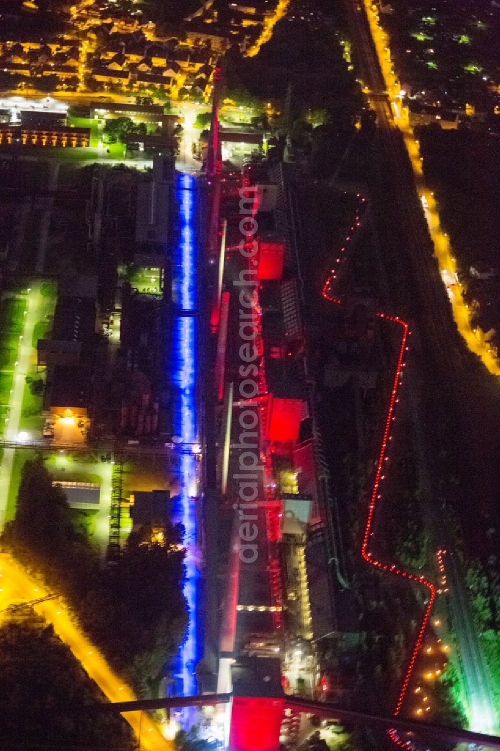 Essen at night from the bird perspective: Aerial view of the night on the occasion Night of Industrial Culture in Action extra layer 2012 over the World Cultural Heritage Zollverein Essen