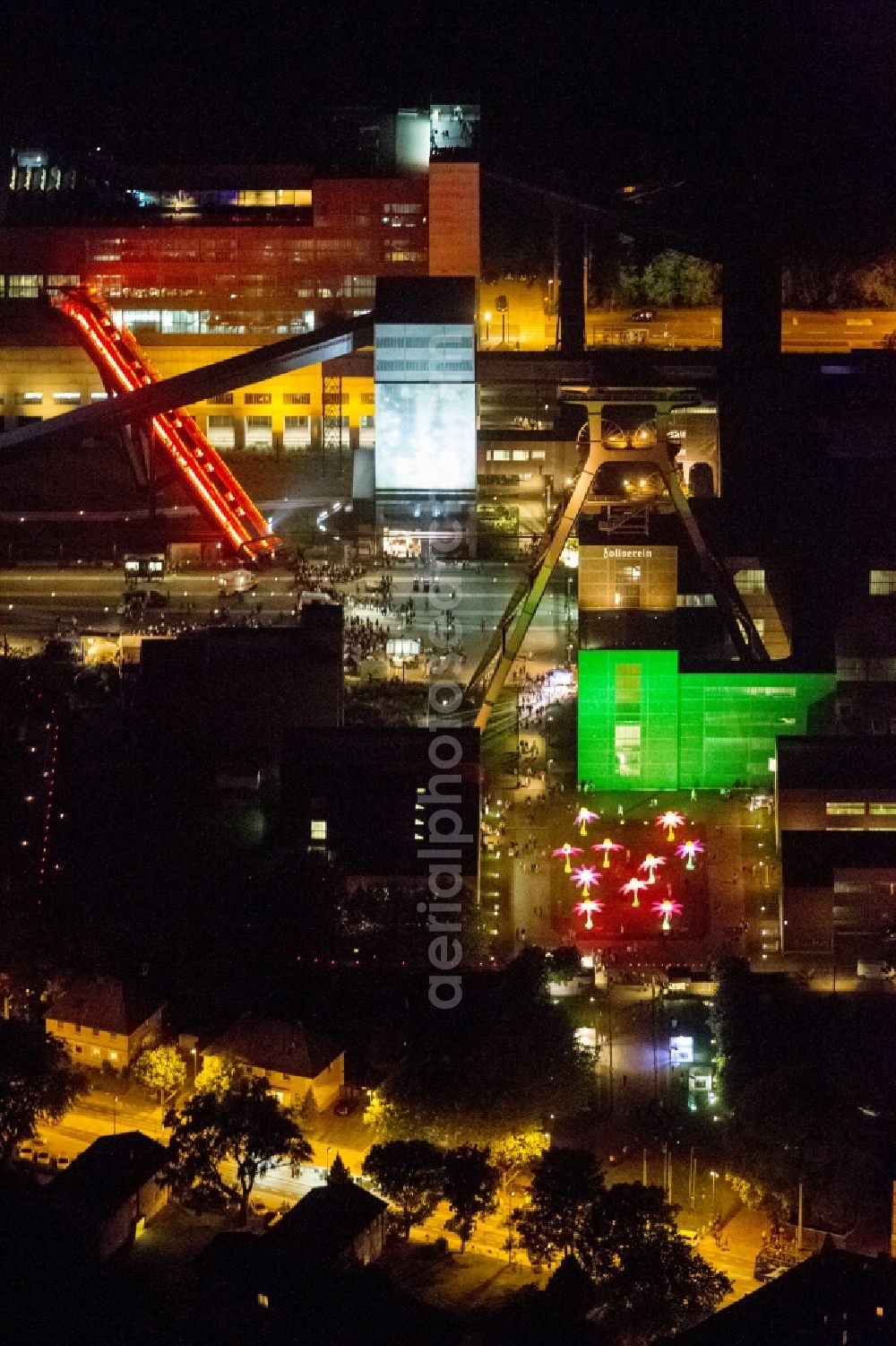 Essen at night from above - Aerial view of the night on the occasion Night of Industrial Culture in Action extra layer 2012 over the World Cultural Heritage Zollverein Essen