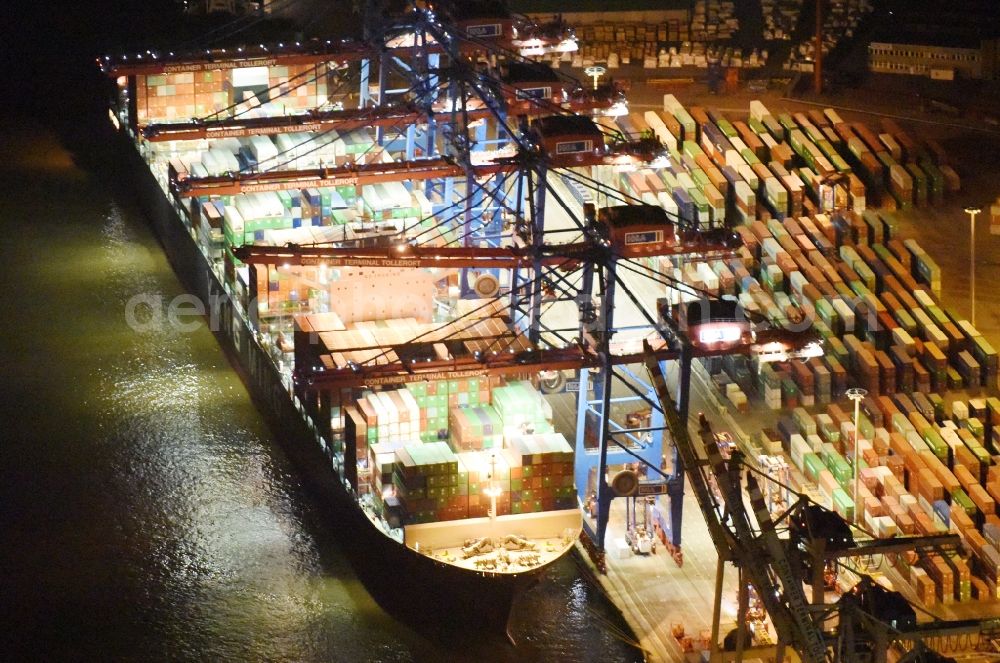 Hamburg at night from above - Night view Container ship Trollerort - Steinwerder shore of Norderelbe port aerea in Hamburg