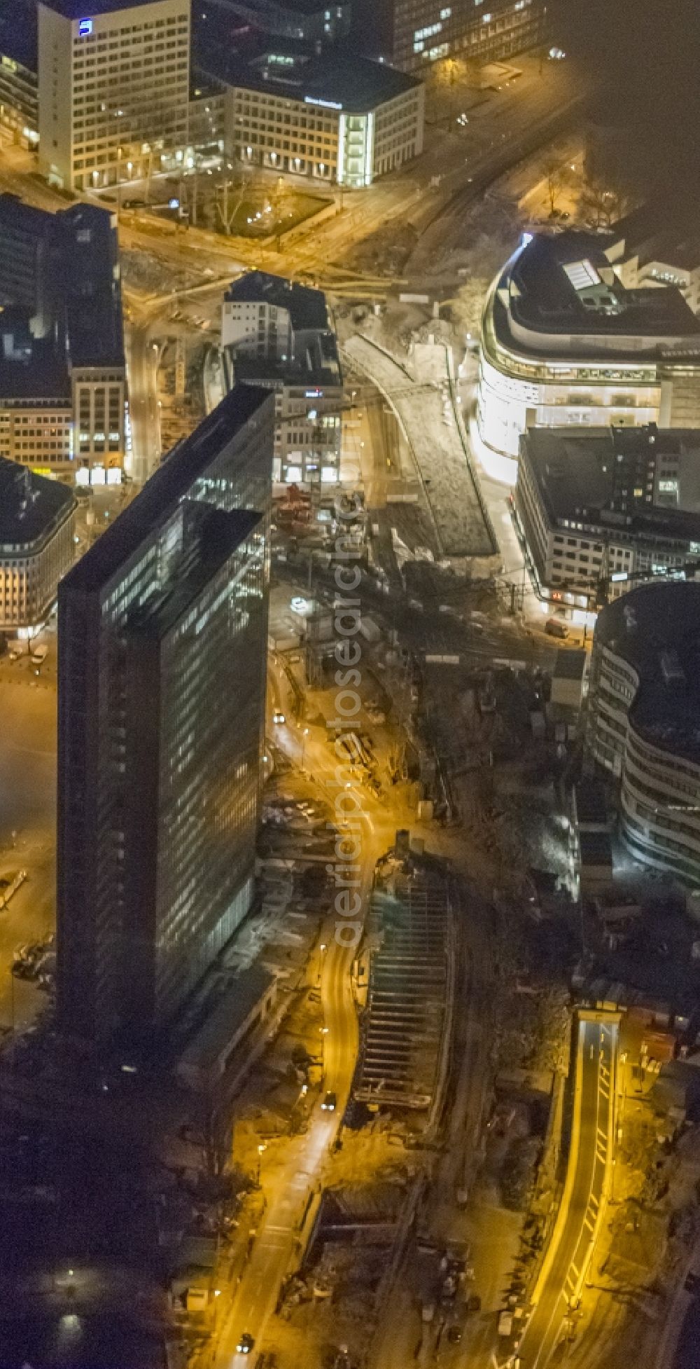 Düsseldorf at night from above - Construction for the demolition of the old traffic tangent Tausendfüßler in downtown Dusseldorf in North Rhine-Westphalia