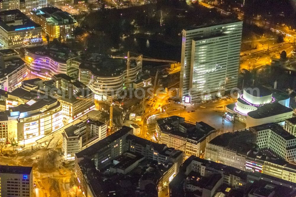 Düsseldorf at night from above - Construction for the demolition of the old traffic tangent Tausendfüßler in downtown Dusseldorf in North Rhine-Westphalia