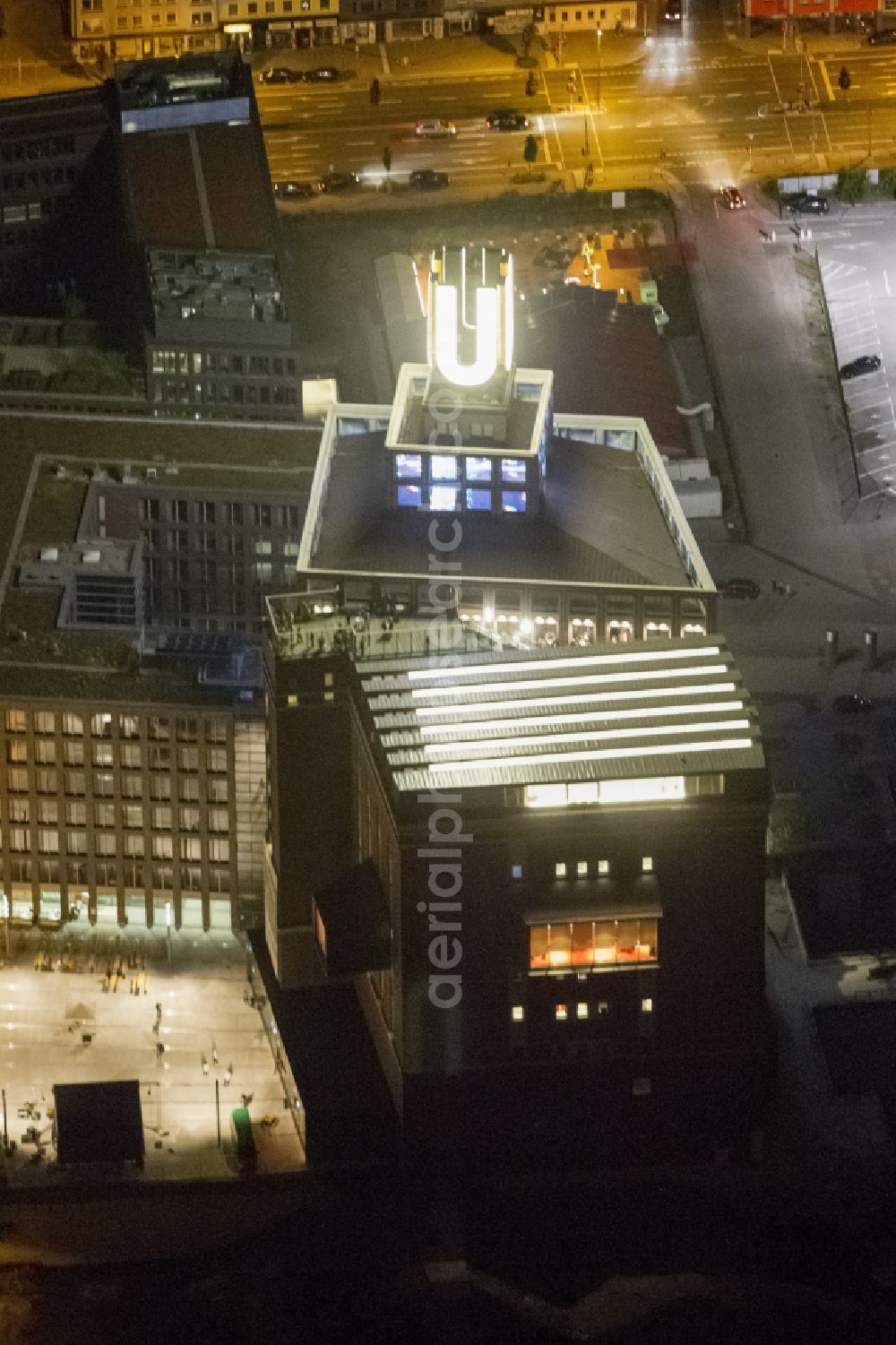 Dortmund at night from the bird perspective: Night-time air picture from the Dortmund U, the Center for Art and Creativity in the state of North Rhine-Westphalia