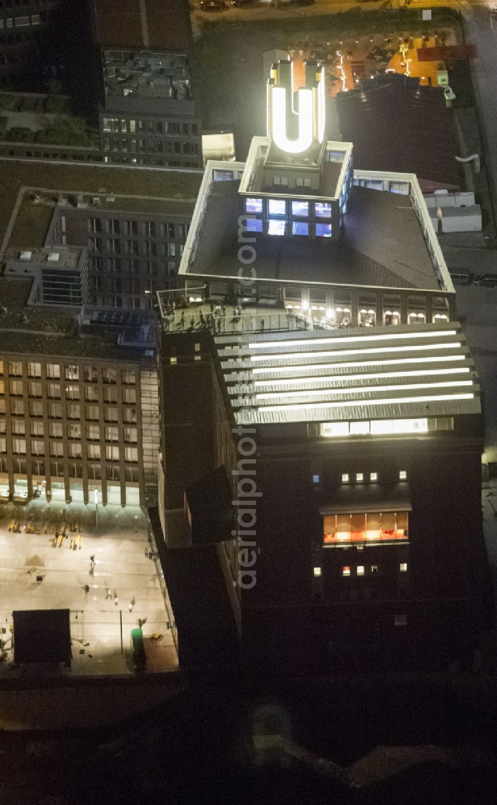 Aerial photograph at night Dortmund - Night-time air picture from the Dortmund U, the Center for Art and Creativity in the state of North Rhine-Westphalia