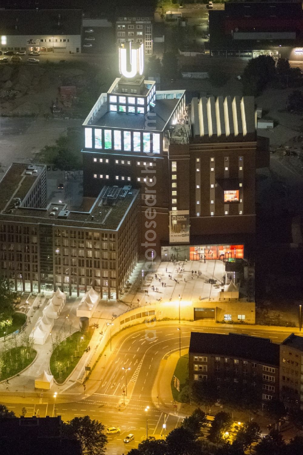 Dortmund at night from above - Night-time air picture from the Dortmund U, the Center for Art and Creativity in the state of North Rhine-Westphalia