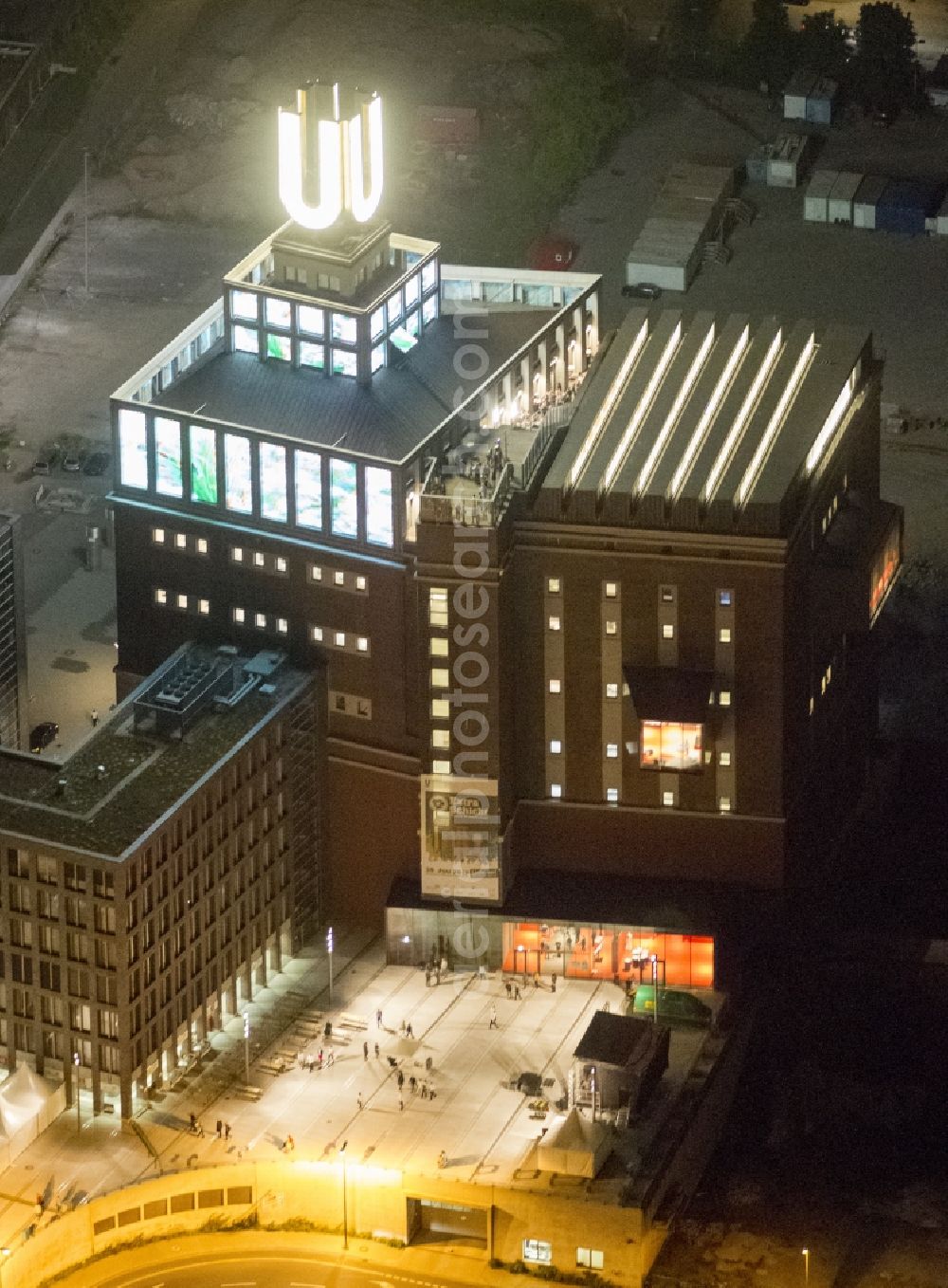 Dortmund at night from the bird perspective: Night-time air picture from the Dortmund U, the Center for Art and Creativity in the state of North Rhine-Westphalia