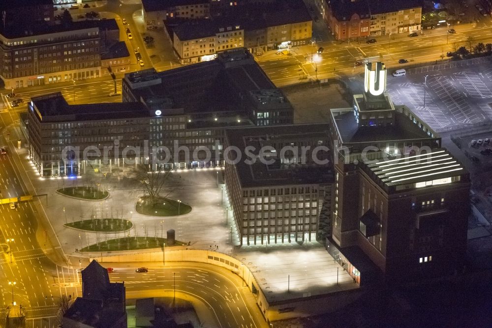 Dortmund at night from the bird perspective: Night-time air picture from the Dortmund U, the Center for Art and Creativity in the state of North Rhine-Westphalia