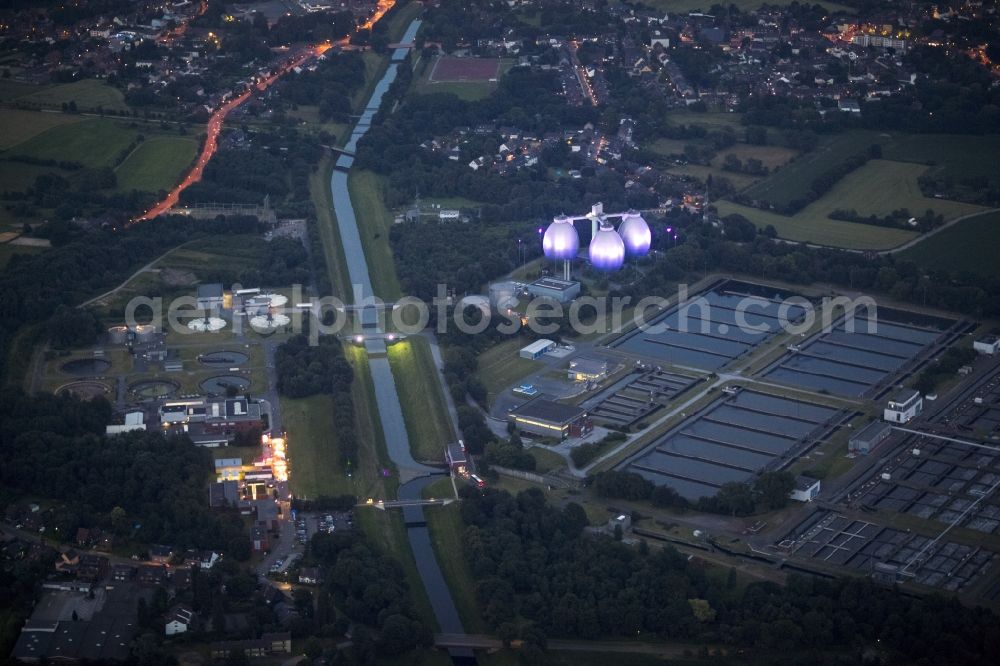 Dinslaken at night from the bird perspective: Night Aerial view of the Emscher sewage plant at the occasion of the Dinslaken Night of Industrial Culture in Action extra layer 2012