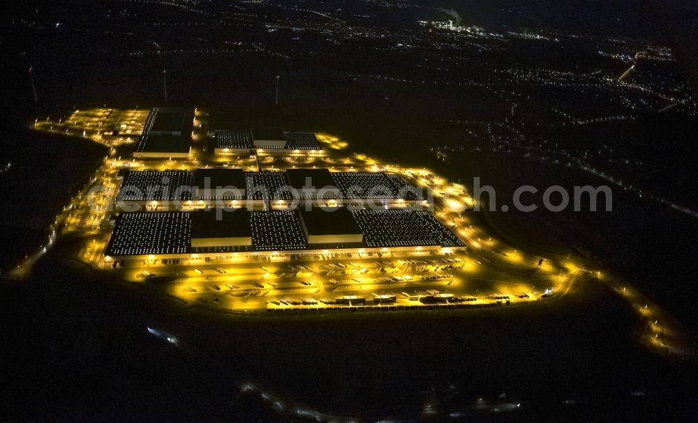 Aerial image at night Dortmund - Night view at the distribution centre of IKEA, which was built on a former heap