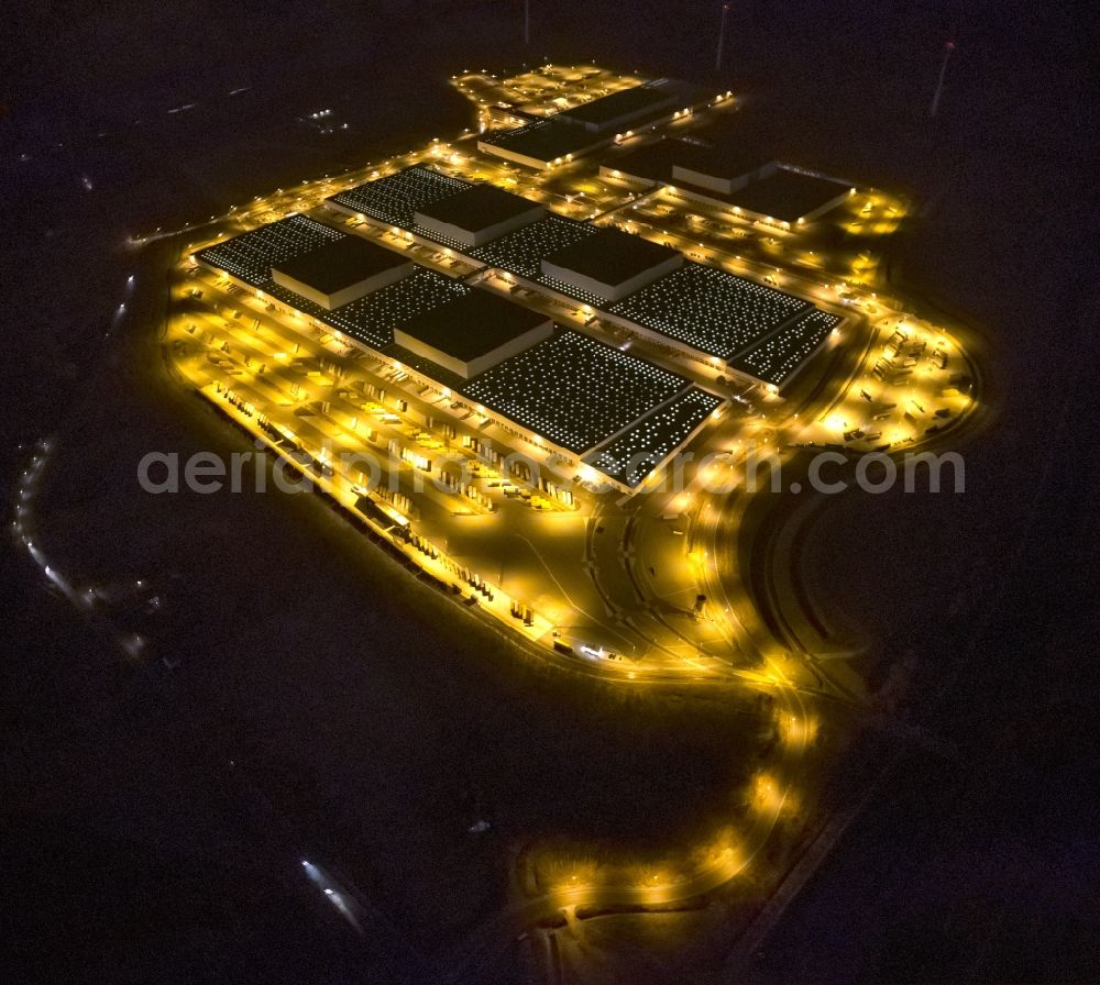 Aerial image at night Dortmund - Night view at the distribution centre of IKEA, which was built on a former heap