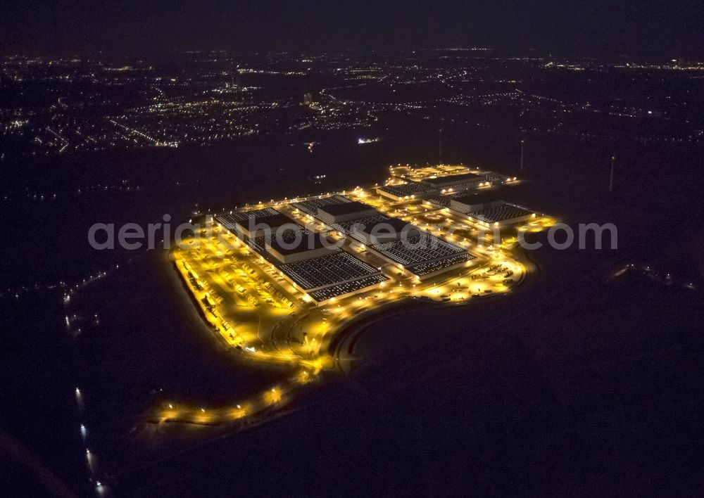 Aerial image at night Dortmund - Night view at the distribution centre of IKEA, which was built on a former heap