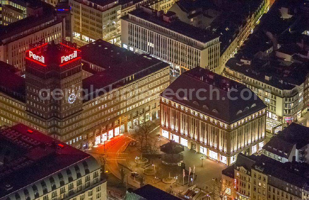 Aerial photograph at night Düsseldorf - Night aerial view of the building of Wilhelm Marx House and Carschhaus at the Heinrich-Heine-Allee in Dusseldorf in North Rhine-Westphalia NRW