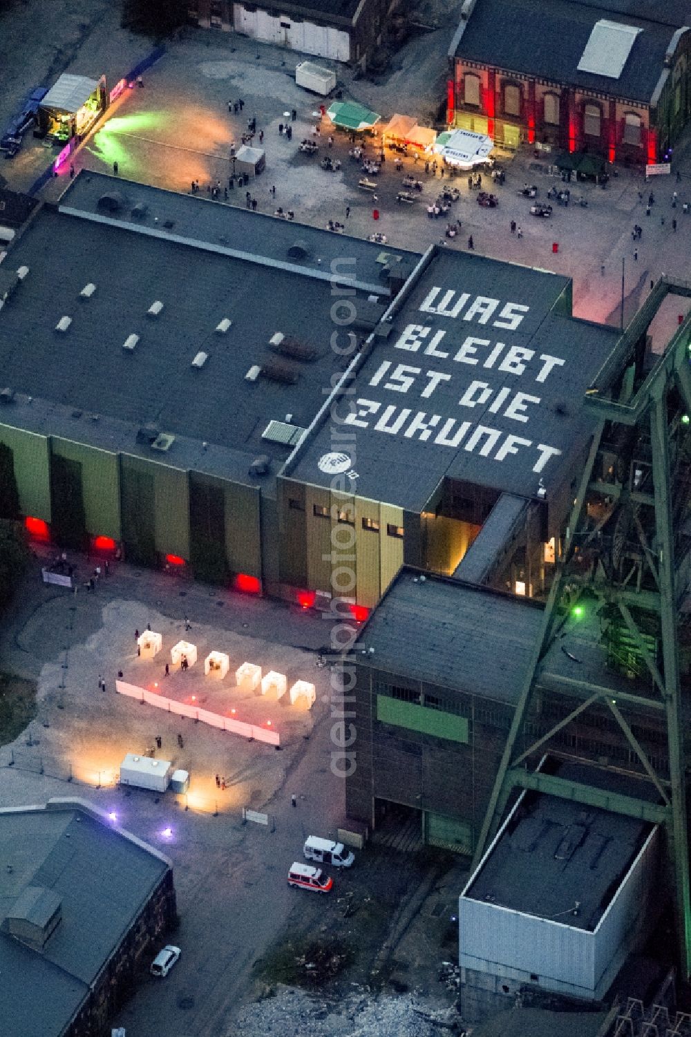 Dinslaken at night from above - Night-time aerial view of the creative quarter Lohberg Dinslaken and the Tower Colliery in the Night of Industrial Culture in Action extra layer 2012