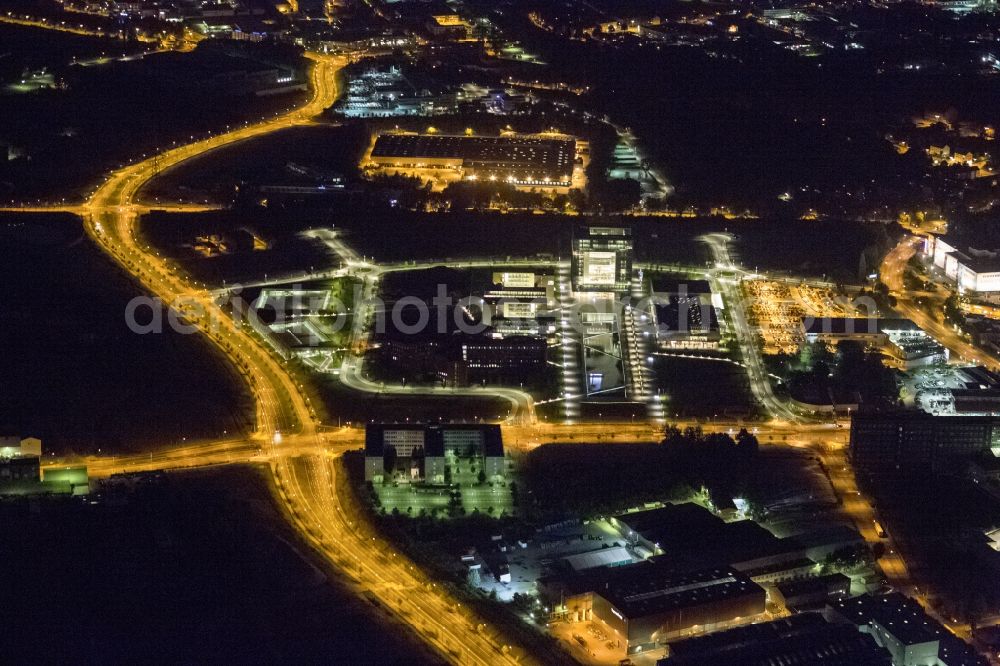 Aerial image at night Essen - Night shot of the area of the ThyssenKrupp headquarters as the core of the Krupp in Essen belt