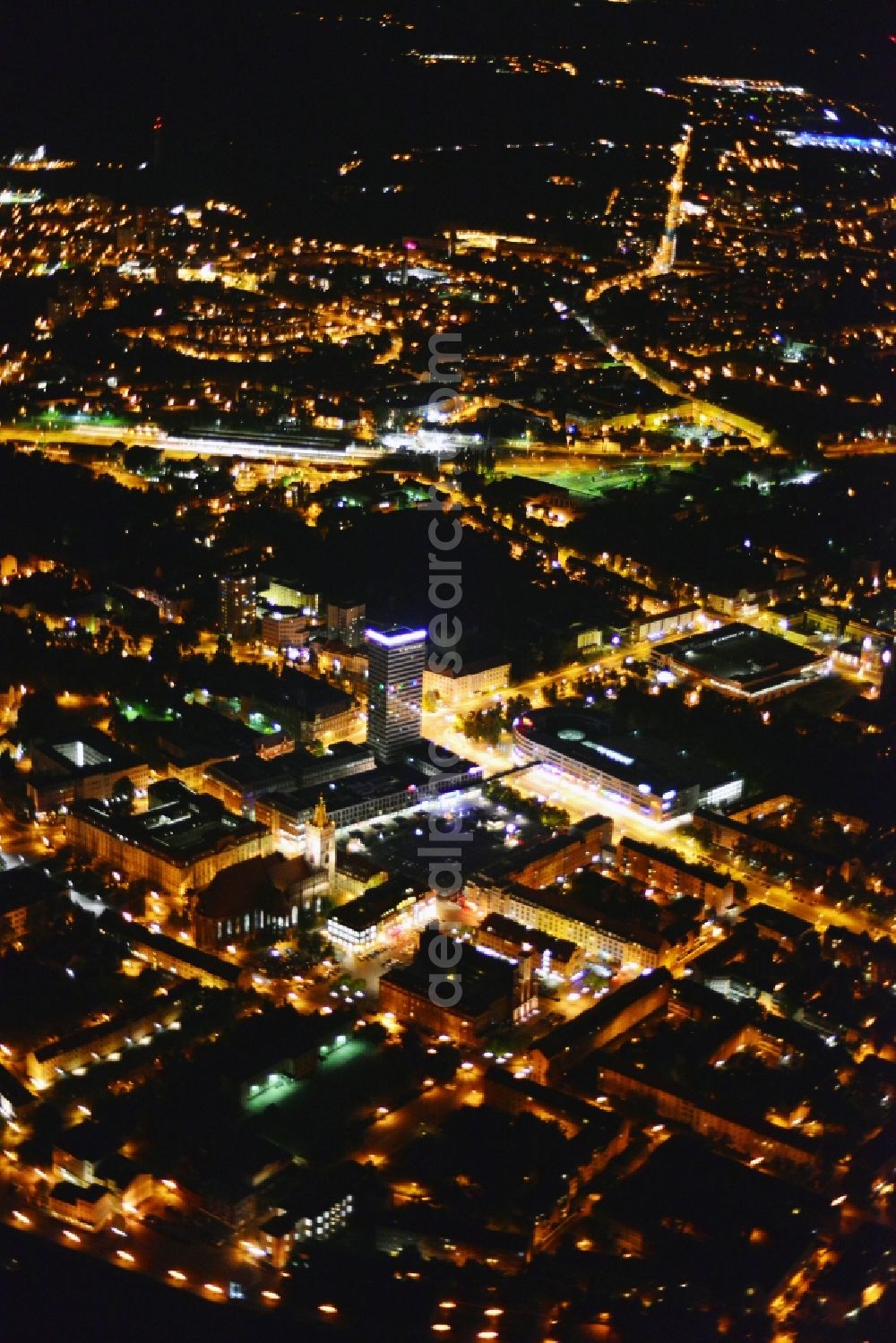 Frankfurt Oder at night from the bird perspective: Night city view from the center of downtown in Frankfurt Oder in Brandenburg