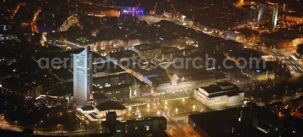 Aerial image at night Leipzig - Night- Cityscape of downtown area of the Saxon town with the old town - center on MDR tower house in leipzig in saxony