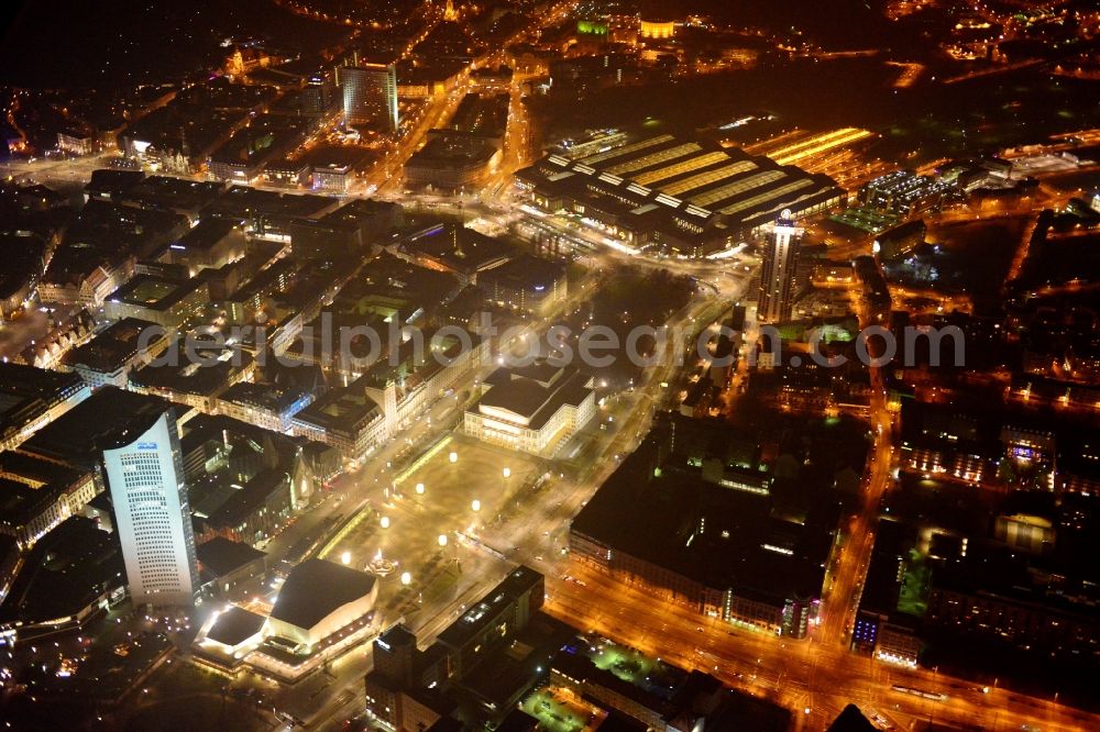 Leipzig at night from the bird perspective: Night- Cityscape of downtown area of the Saxon town with the old town - center on MDR tower house in leipzig in saxony