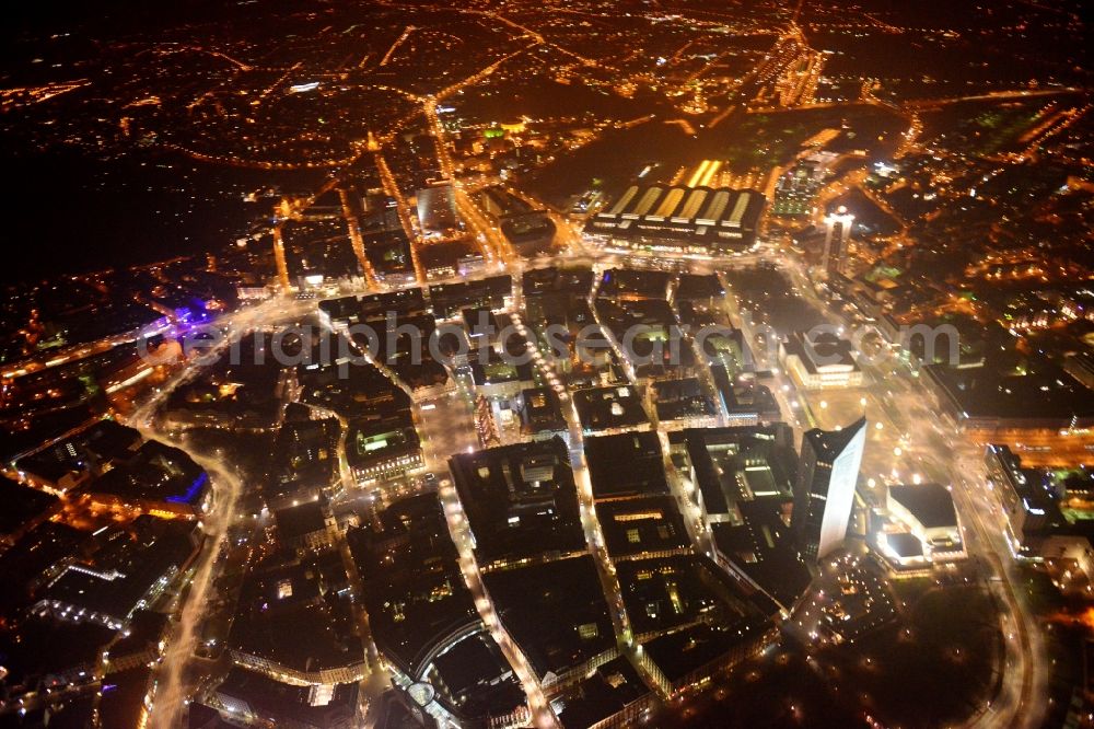 Aerial photograph at night Leipzig - Night- Cityscape of downtown area of the Saxon town with the old town - center on MDR tower house in leipzig in saxony