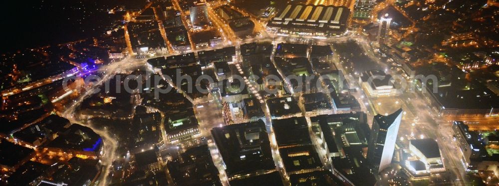 Aerial image at night Leipzig - Night- Cityscape of downtown area of the Saxon town with the old town - center on MDR tower house in leipzig in saxony