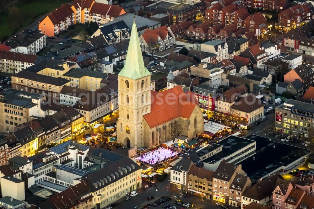 Hamm at night from the bird perspective: Christmas market on the square in Hamm in North Rhine-Westphalia