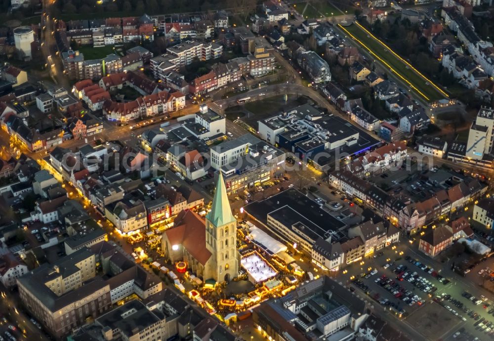 Hamm at night from the bird perspective: Christmas market on the square in Hamm in North Rhine-Westphalia