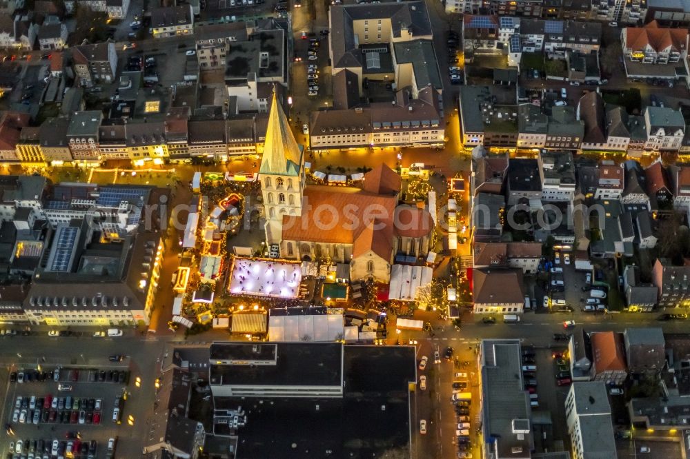 Hamm at night from the bird perspective: Christmas market on the square in Hamm in North Rhine-Westphalia