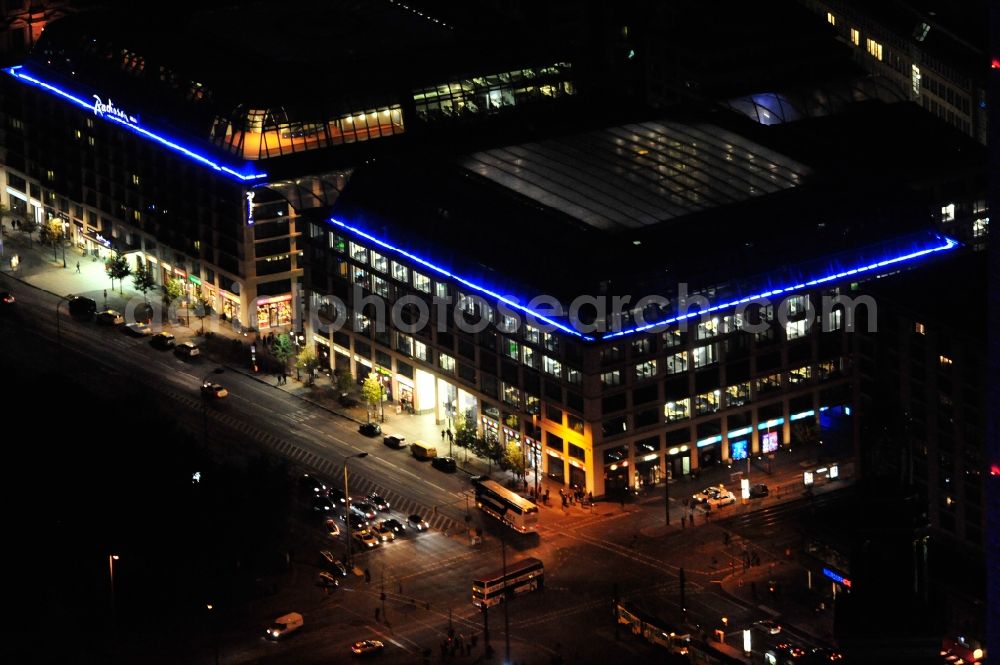 Aerial photograph at night Berlin - View of the Sea Life Aquarium and the Radisson Blu Hotel at the Karl-Liebknecht-Straße in Berlin-Mitte