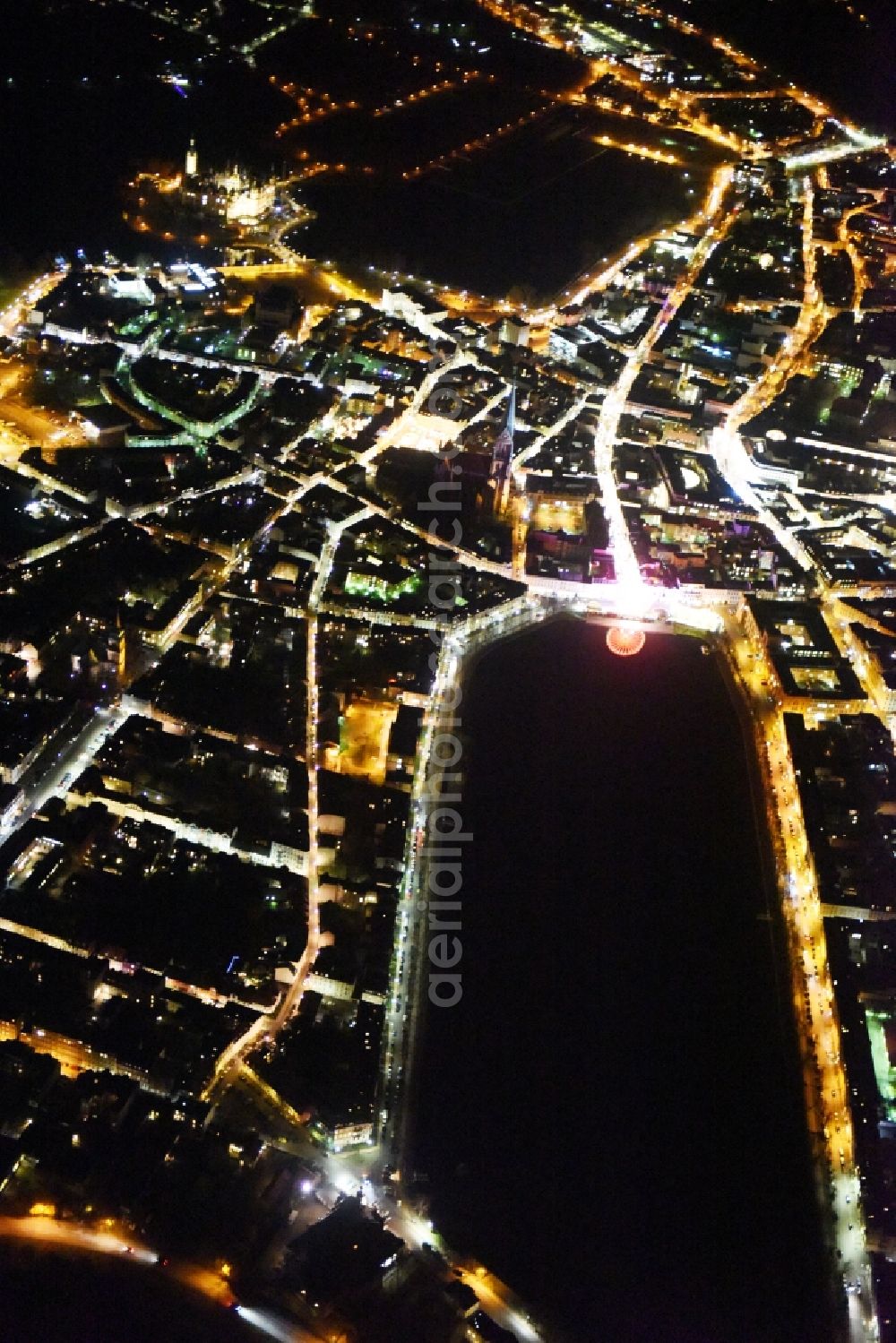 Schwerin at night from above - Night view riparian areas on the lake area of Pfaffenteich in Schwerin in the state Mecklenburg - Western Pomerania