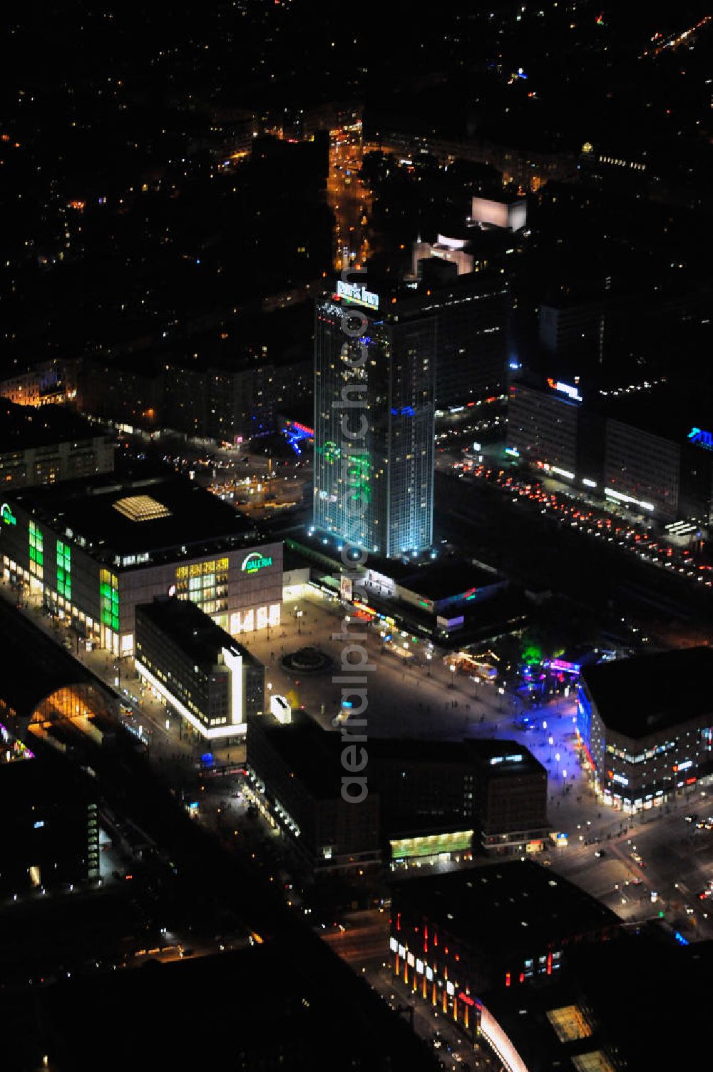 Aerial image at night Berlin - Nachaufnahme: Sicht auf den Alexanderplatz mit dem Fernsehturm, den Kaufhäusern Galeria Kaufhof und Alexa und dem Park Inn Hotel anlässlich des Festival Of Lights 2010 in Berlin. Nightshot: View to the TV Tower, the shopping malls Galeria Kaufhof and Alexa, the Park Inn Hotel at the Alexanderplatz in celebration of the Festival of Lights 2010 in Berlin.