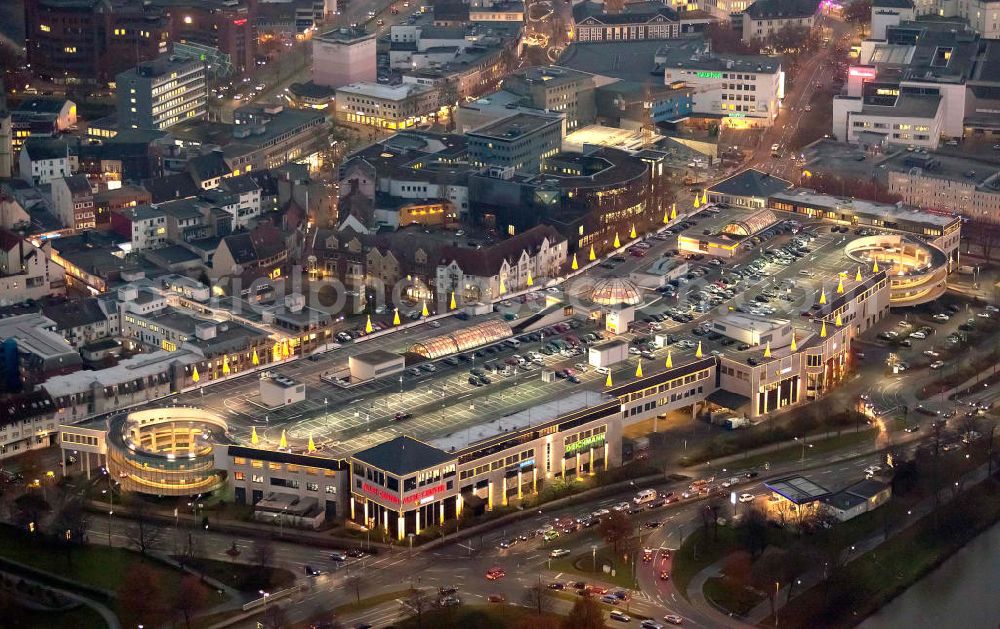 Hamm at night from the bird perspective: Nachtaufnahme vom Areal des Allee Center s der ECE an der Innenstadt in Hamm. Night view from the area of Avenue Centre's ECE at the inner city in Hamm.