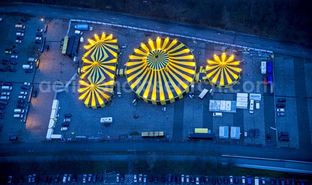 Dortmund at night from above - Night shot of the circus tent circus Flic Flac with the 3rd Christmas Circus Beautiful Day Fire! in Dortmund in North Rhine-Westphalia