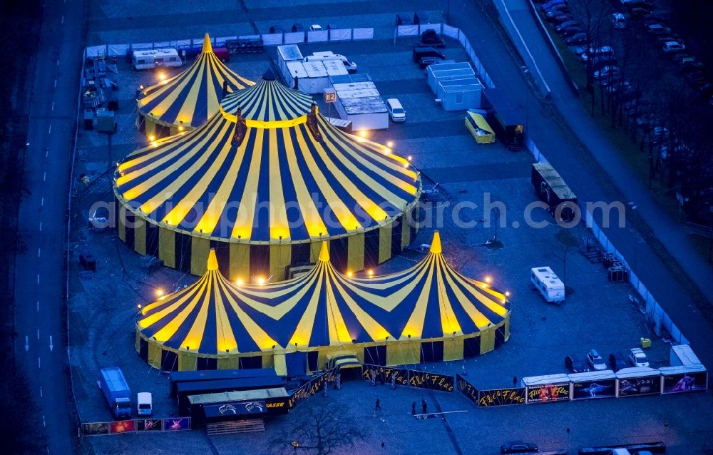 Aerial photograph at night Dortmund - Night shot of the circus tent circus Flic Flac with the 3rd Christmas Circus Beautiful Day Fire! in Dortmund in North Rhine-Westphalia