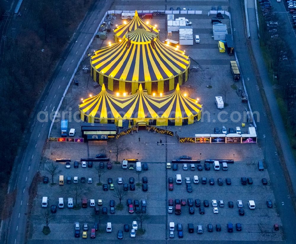 Dortmund at night from above - Night shot of the circus tent circus Flic Flac with the 3rd Christmas Circus Beautiful Day Fire! in Dortmund in North Rhine-Westphalia