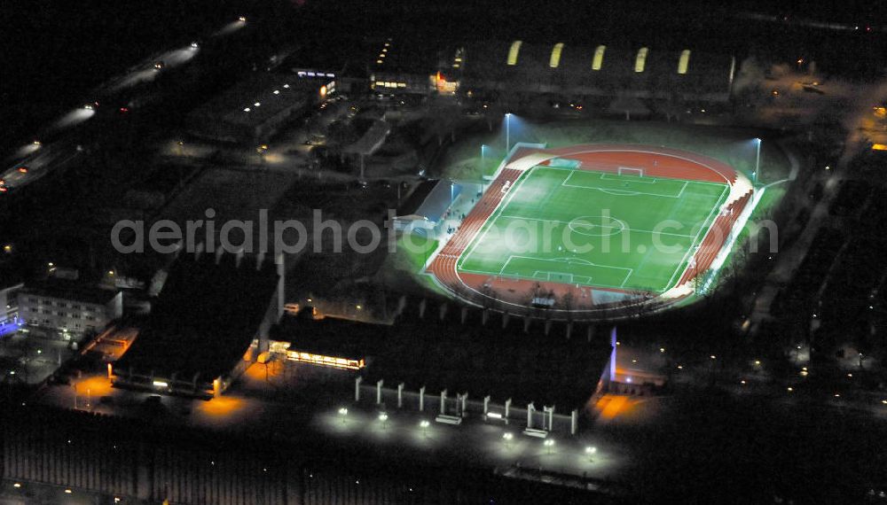 Castrop-Rauxe at night from the bird perspective: Nachtaufnahme von vom Europaplatz und Stadion in Castrop-Rauxe in Nordrhein-Westfalen.