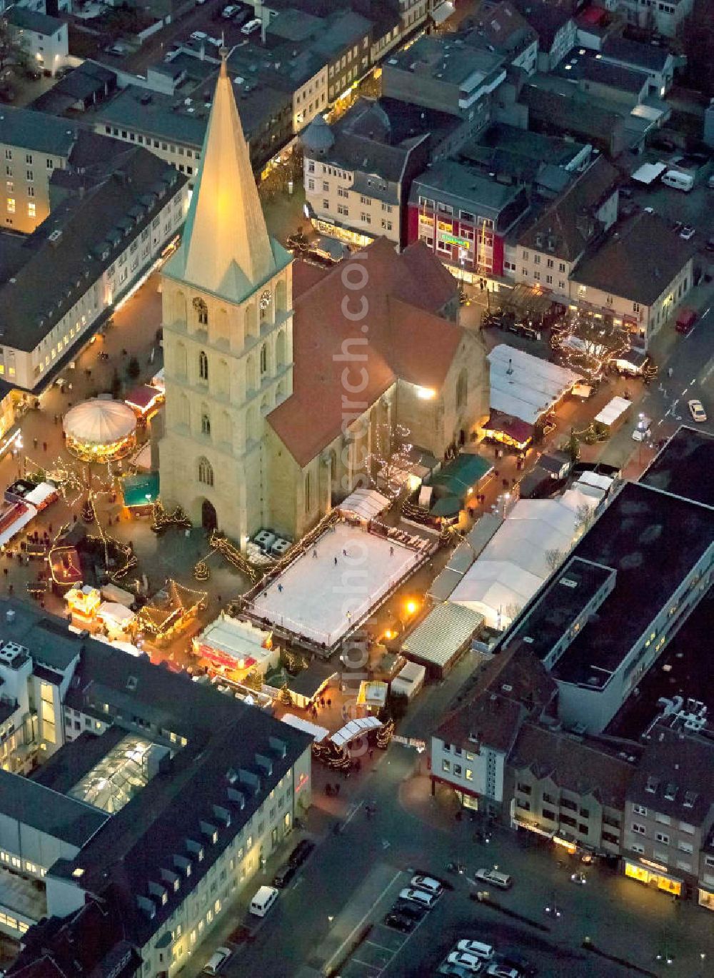 Aerial image at night Hamm - Night photograph of the Pauluschurch in Hamm in North Rhine-Westphalia