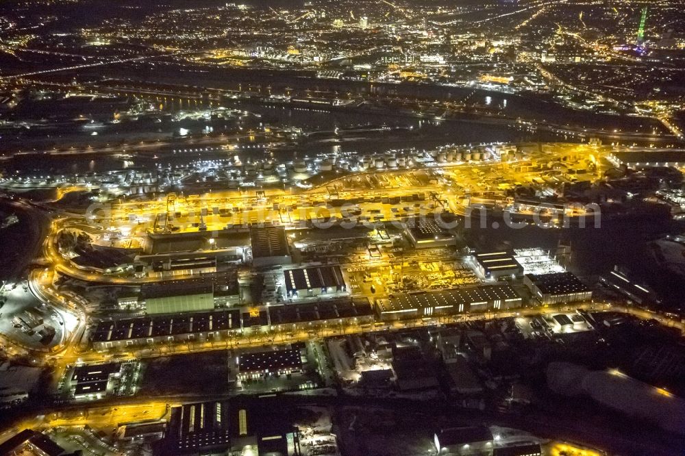 Duisburg at night from the bird perspective: Night view from the grounds of the Ruhr Duisport harbor / port of Duisburg in Duisburg in North Rhine-Westphalia