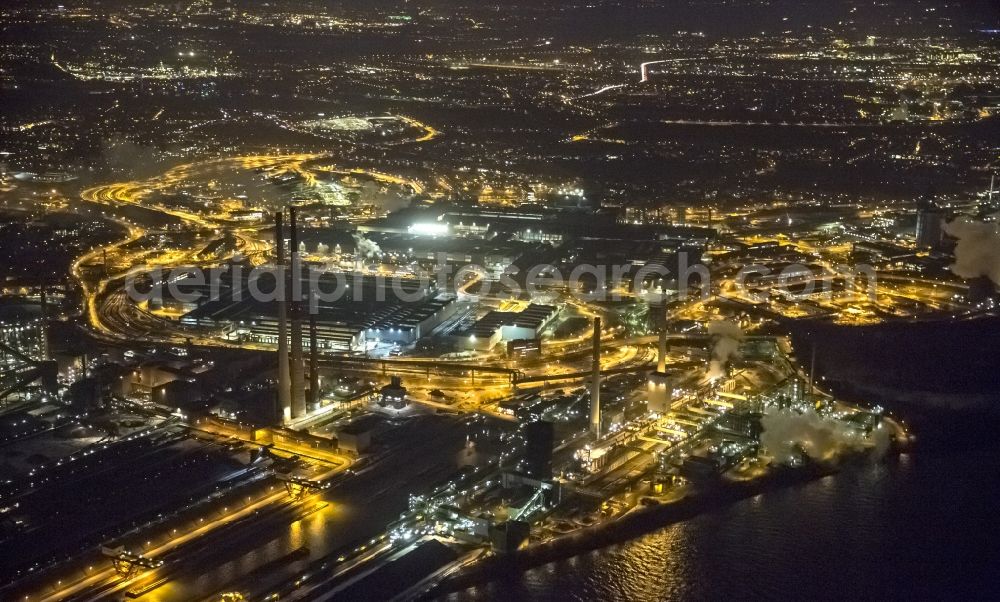 Aerial image at night Duisburg - Night view from the industrial area of Schwelgern coke and premises of ThyssenKrupp AG in Duisburg in North Rhine-Westphalia