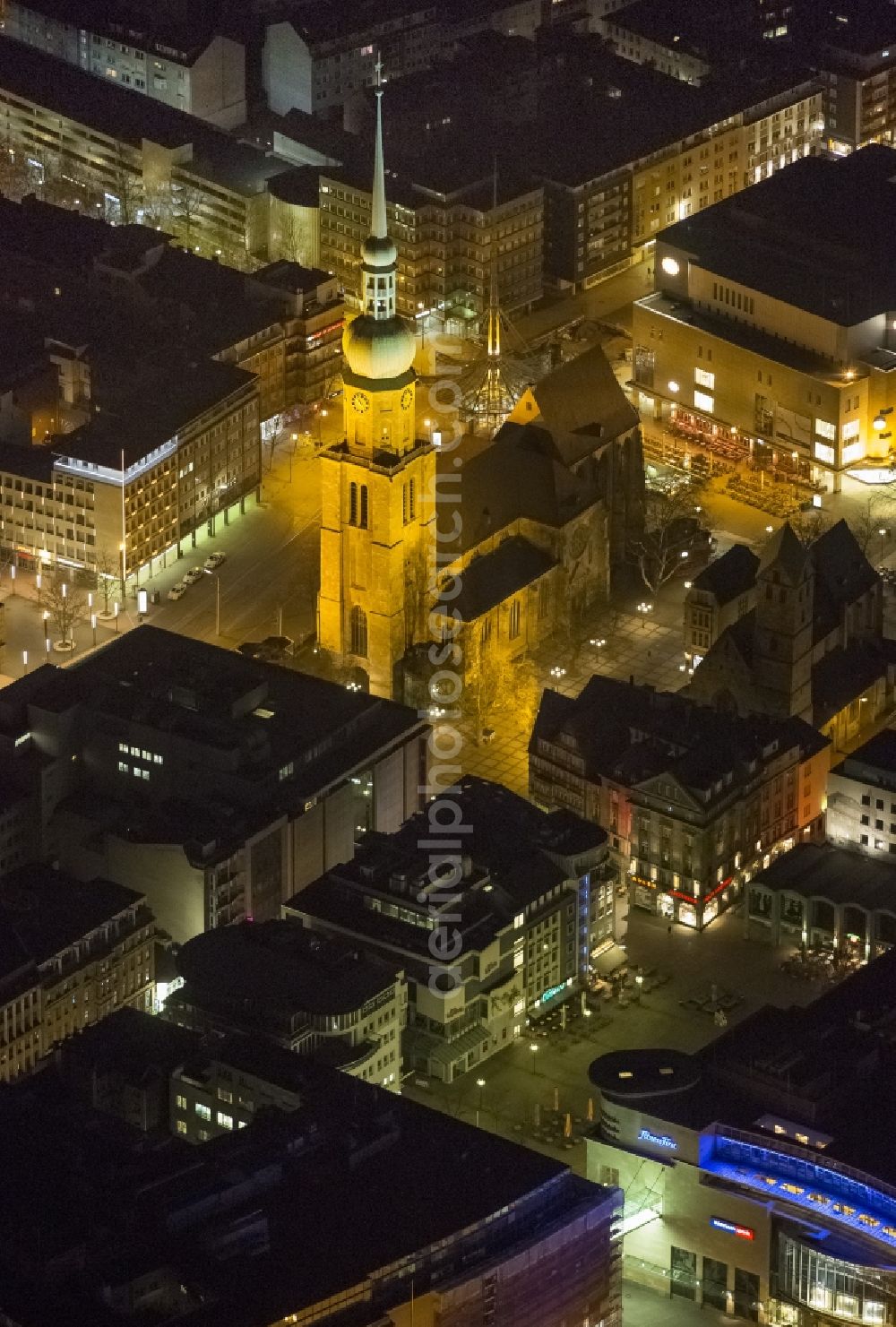 Dortmund at night from the bird perspective: Night view of the Church of St. Reinoldi also Reinoldichurch in downtown Dortmund in North Rhine-Westphalia NRW